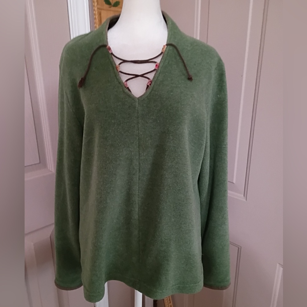 Wooly Bully vintage sage green fleece pullover with lace-up v-neck. Size XL.